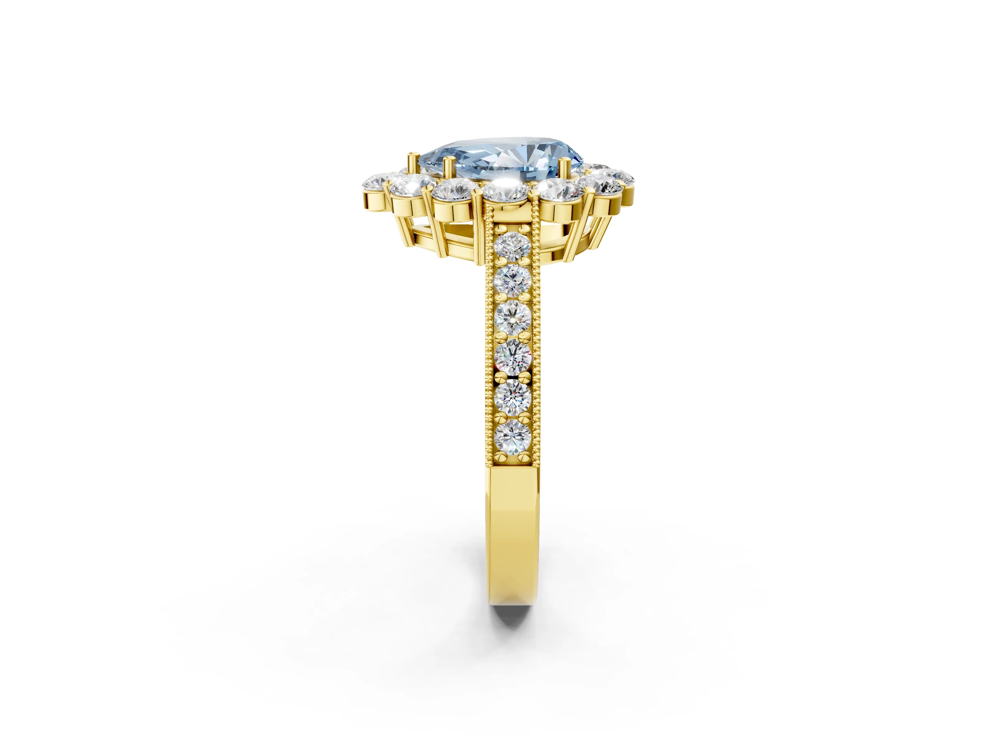 Yellow gold Fancy Blue Pear Cut Cut Halo Diamond Pavé Engagement Ring with Milgrain Detailing_26