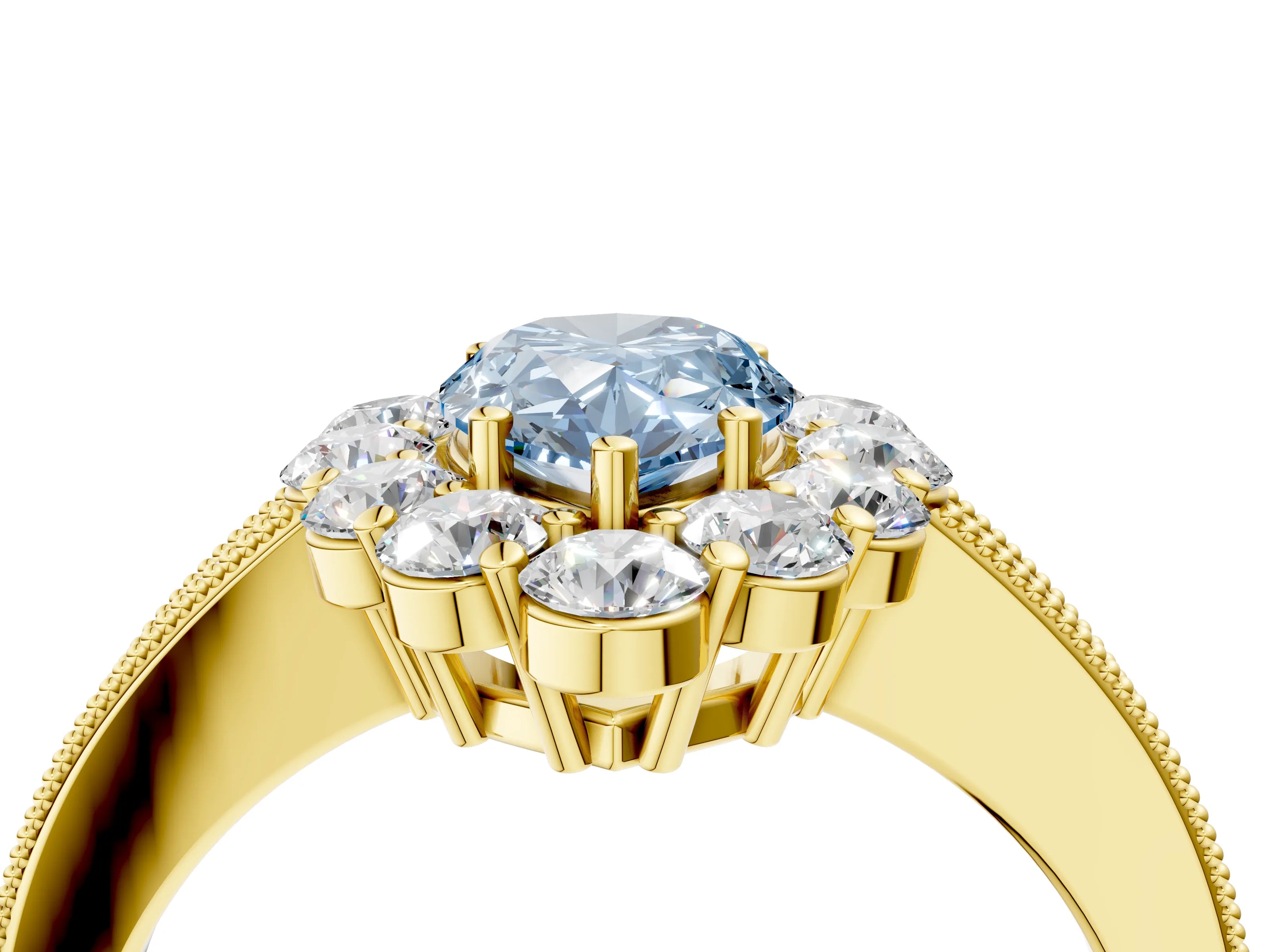 Yellow gold Fancy Blue Pear Cut Cut Halo Diamond Pavé Engagement Ring with Milgrain Detailing_28