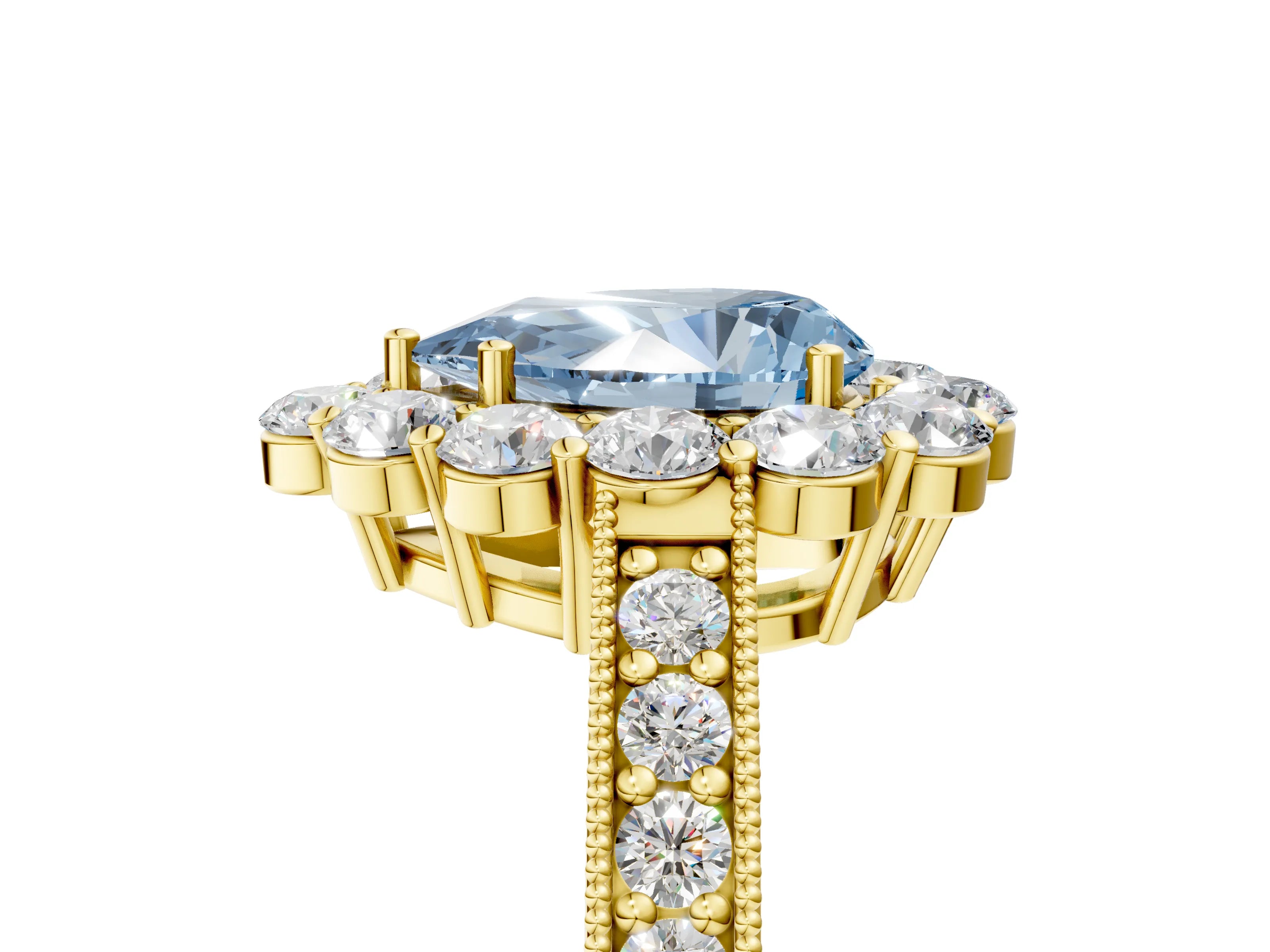 Yellow gold Fancy Blue Pear Cut Cut Halo Diamond Pavé Engagement Ring with Milgrain Detailing_29