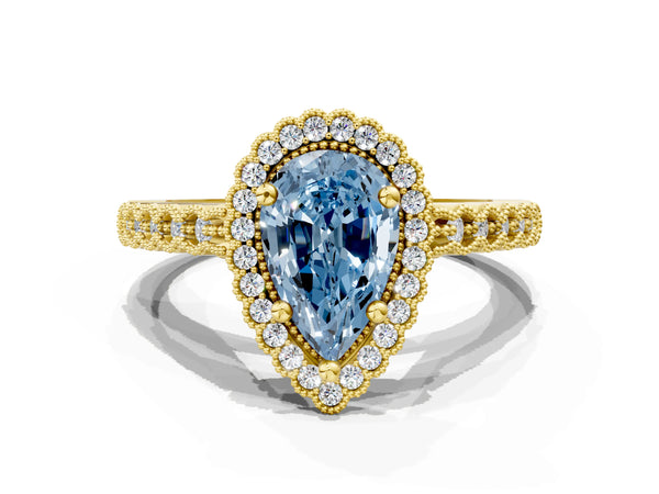 Yellow gold Fancy Blue Pear Cut Cut Halo Pavé Solitaire Ring with Milgrain Band
