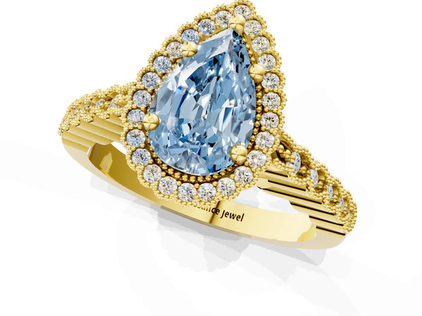 Yellow gold Fancy Blue Pear Cut Cut Halo Pavé Solitaire Ring with Milgrain Band