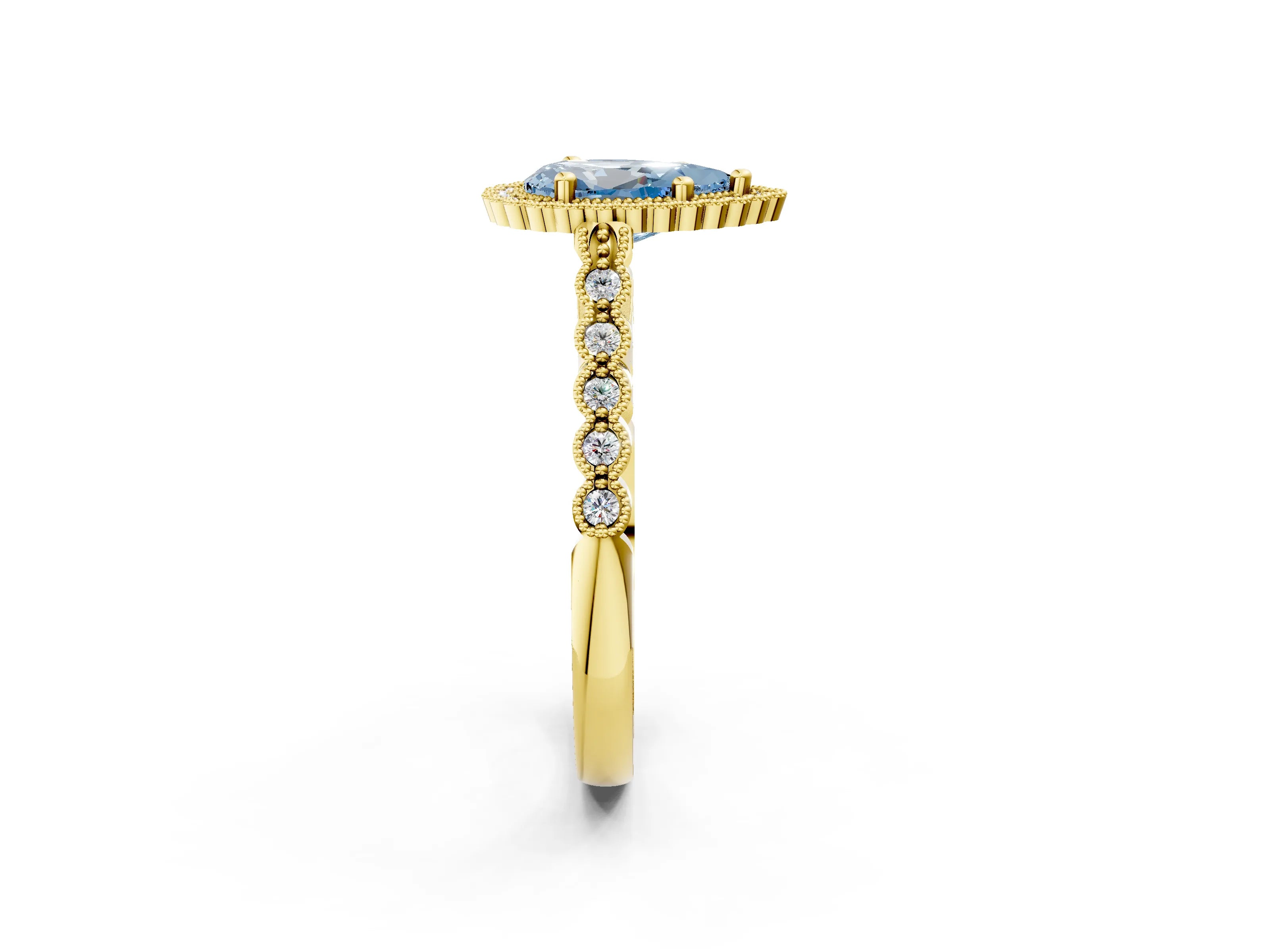 Yellow gold Fancy Blue Pear Cut Cut Halo Pavé Solitaire Ring with Milgrain Band_2