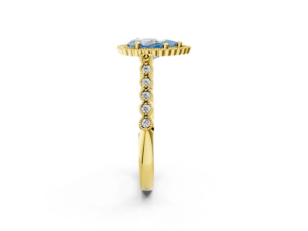 Yellow gold Fancy Blue Pear Cut Cut Halo Pavé Solitaire Ring with Milgrain Band