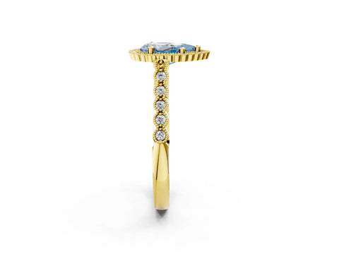 Yellow gold Fancy Blue Pear Cut Cut Halo Pavé Solitaire Ring with Milgrain Band_2