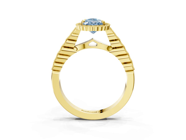 Yellow gold Fancy Blue Pear Cut Cut Halo Pavé Solitaire Ring with Milgrain Band