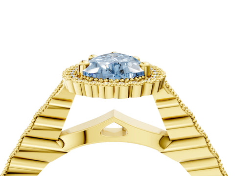Yellow gold Fancy Blue Pear Cut Cut Halo Pavé Solitaire Ring with Milgrain Band_4