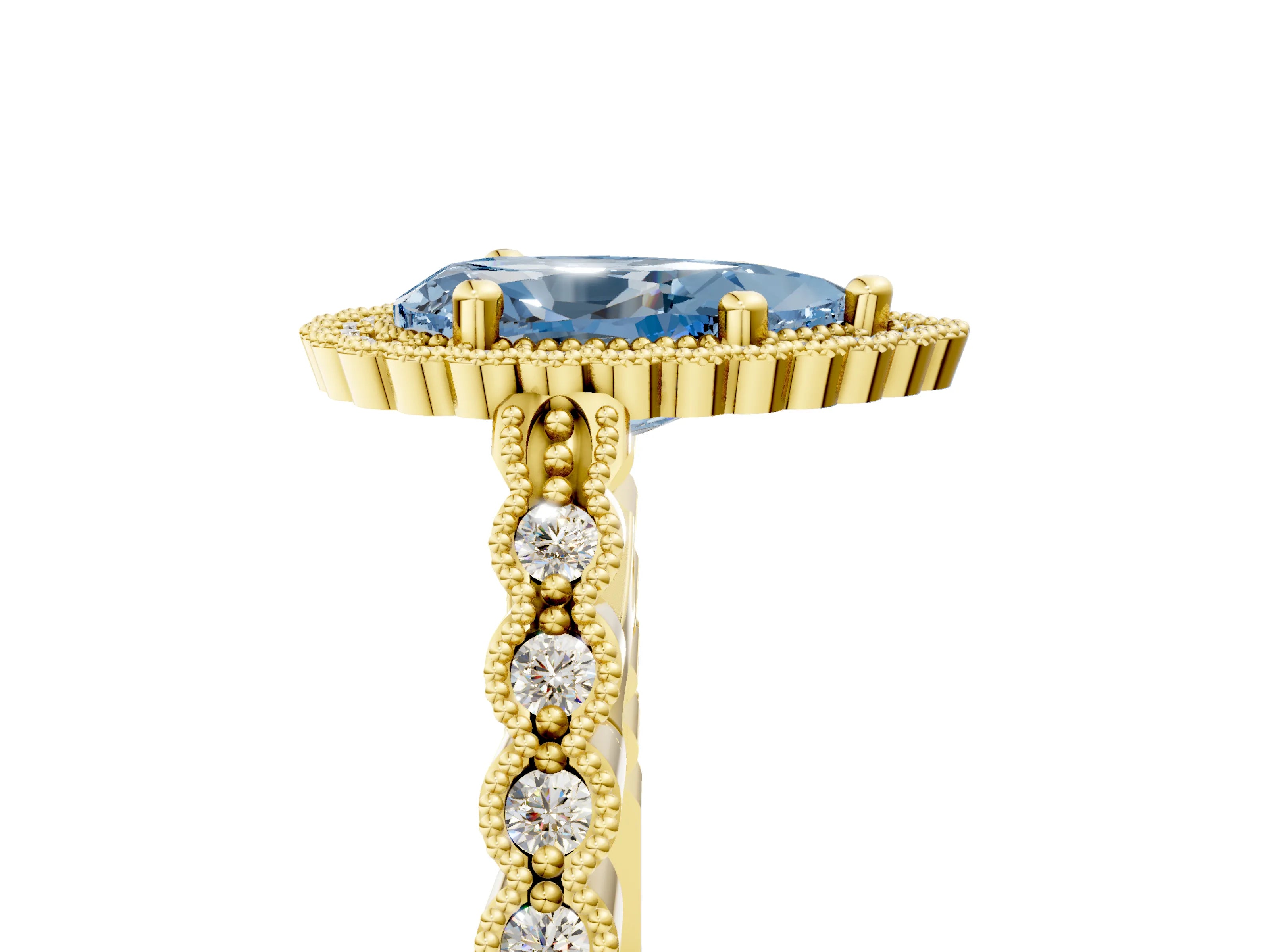 Yellow gold Fancy Blue Pear Cut Cut Halo Pavé Solitaire Ring with Milgrain Band_5
