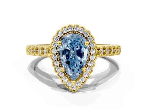 Yellow gold Fancy Blue Pear Cut Cut Halo Pavé Solitaire Ring with Milgrain Band