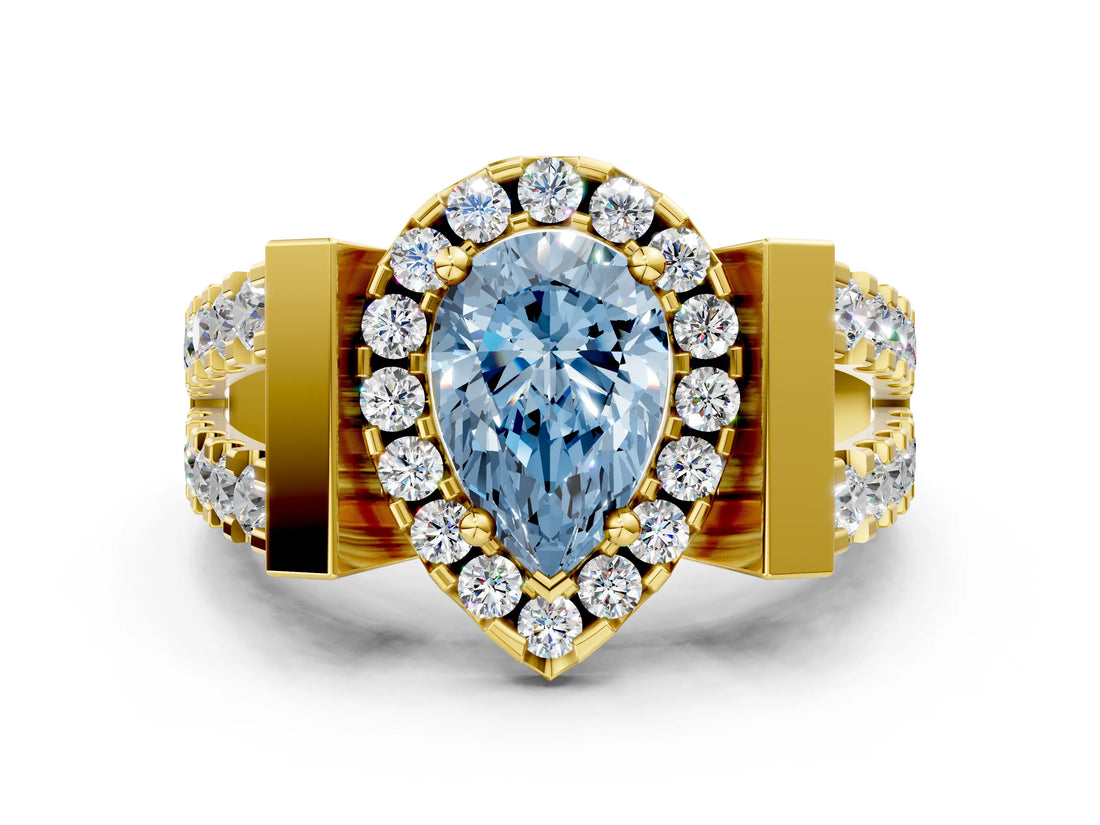 Yellow gold Fancy Blue Pear Cut Cut Halo Split Shank Prong Set Ring