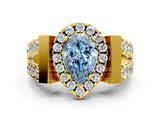 Yellow gold Fancy Blue Pear Cut Cut Halo Split Shank Prong Set Ring