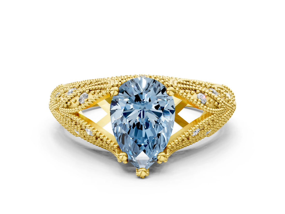Yellow gold Fancy Blue Pear Cut Cut Milgrain Pave Diamond Engagement Ring with Four-Prong Setting_3