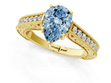 Yellow gold Fancy Blue Pear Cut Cut Pave Band Milgrain Solitaire Ring_1