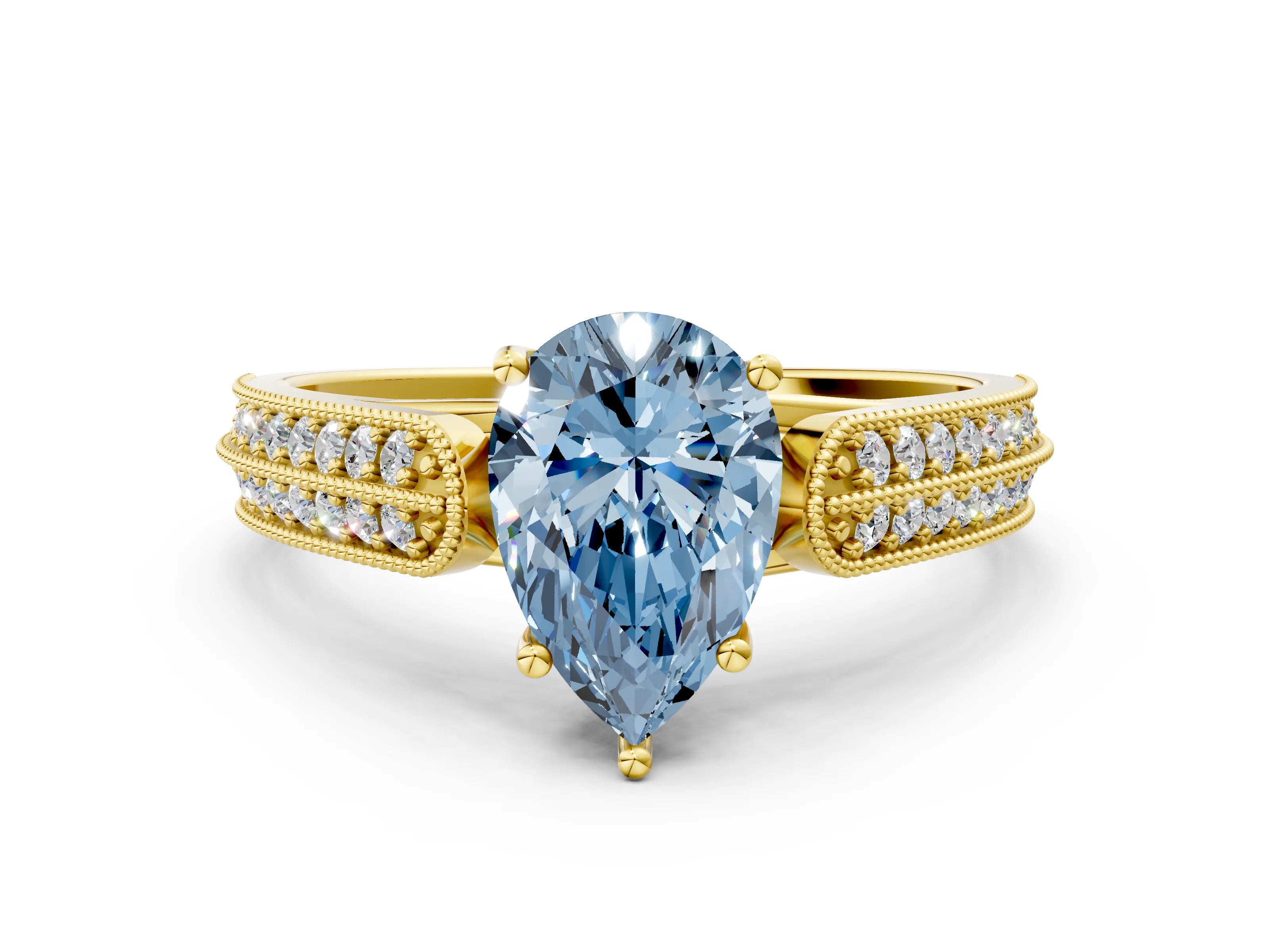Yellow gold Fancy Blue Pear Cut Cut Pave Split Shank Engagement Ring with Four-Prong Setting