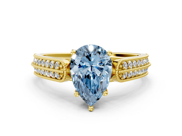 Yellow gold Fancy Blue Pear Cut Cut Pave Split Shank Engagement Ring with Four-Prong Setting