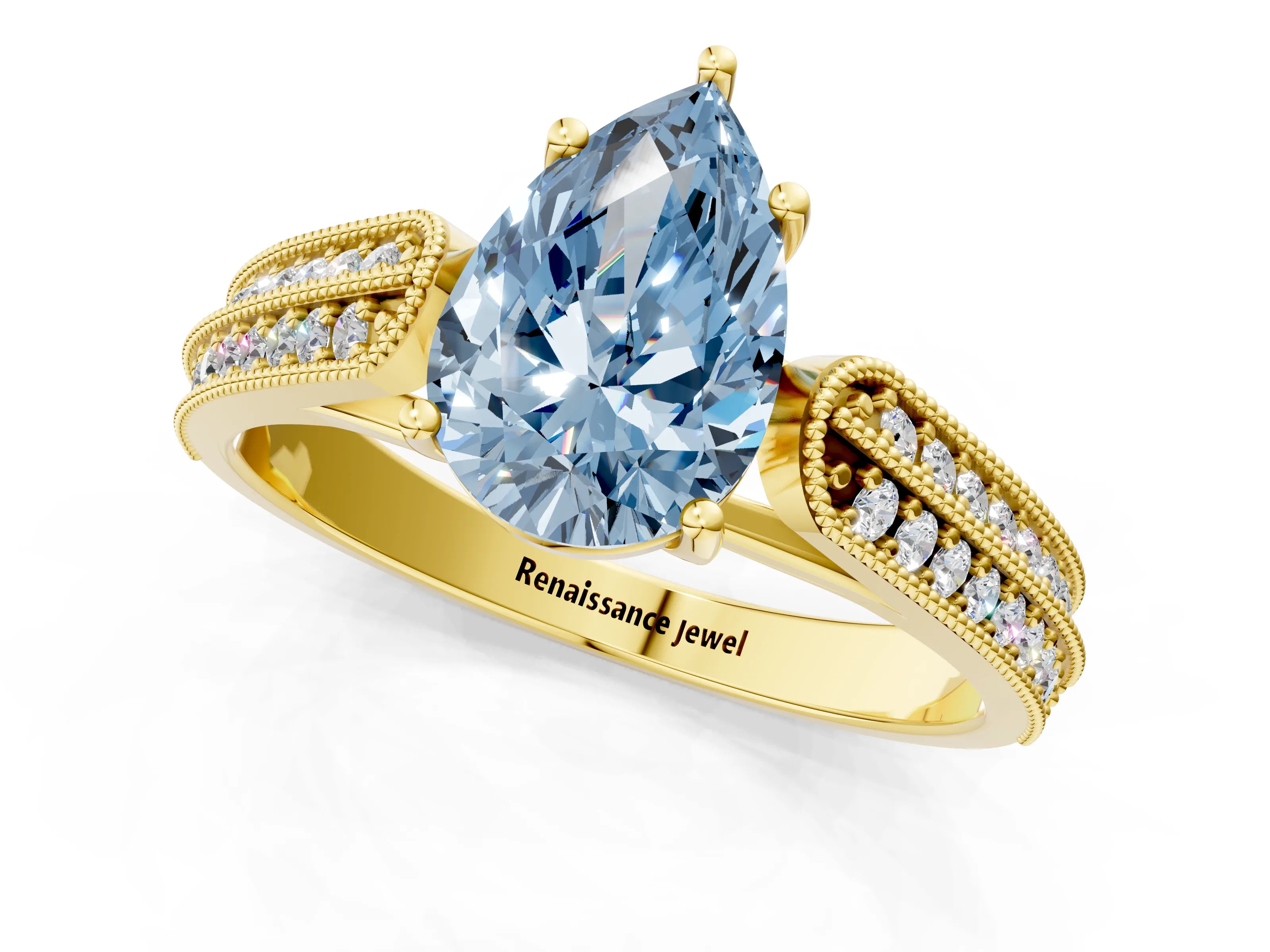 Yellow gold Fancy Blue Pear Cut Cut Pave Split Shank Engagement Ring with Four-Prong Setting_1