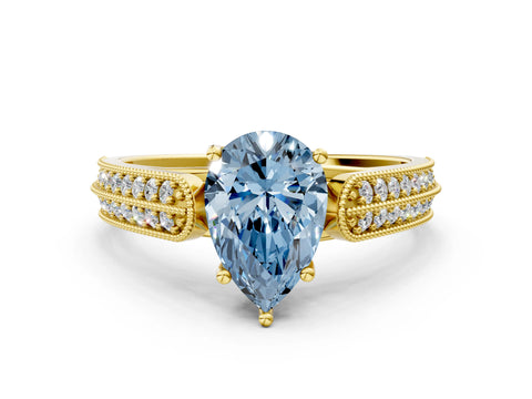 Yellow gold Fancy Blue Pear Cut Cut Pave Split Shank Engagement Ring with Four-Prong Setting