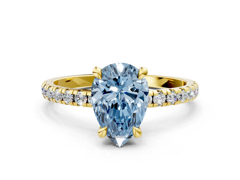 Yellow gold Fancy Blue Pear Cut Diamond Brilliant Solitaire Ring with Pavé Band and Four-Prong Setting