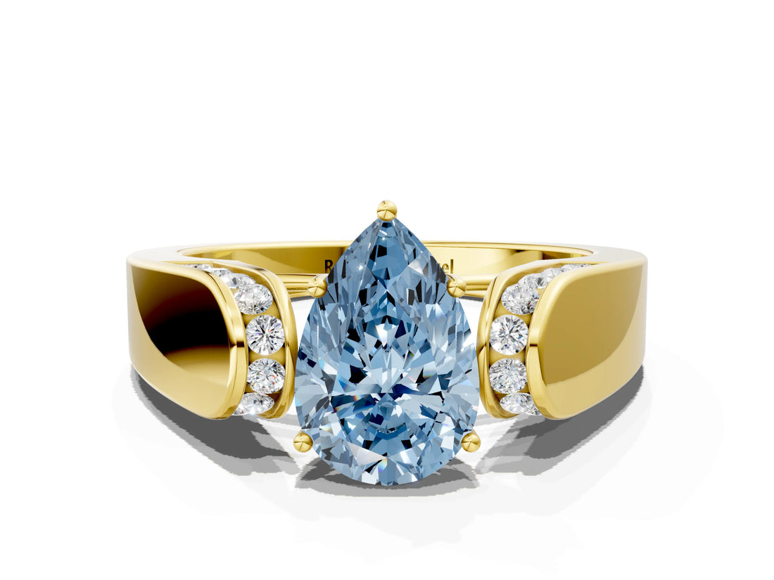 Yellow gold Fancy Blue Pear Cut Diamond Channel Set Solitaire Ring with Four-Prong Setting_12