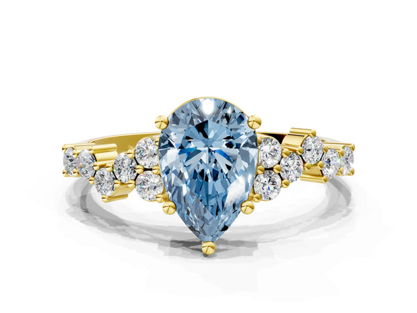 Yellow gold Fancy Blue Pear Cut Diamond Cluster Pavé Band with Four-Prong Setting