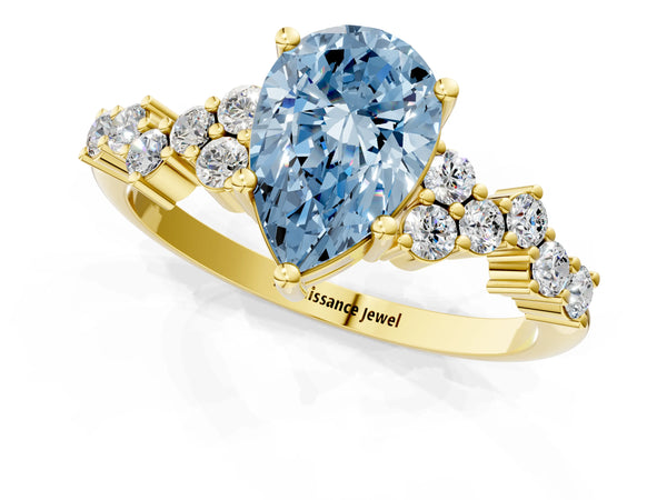 Yellow gold Fancy Blue Pear Cut Diamond Cluster Pavé Band with Four-Prong Setting