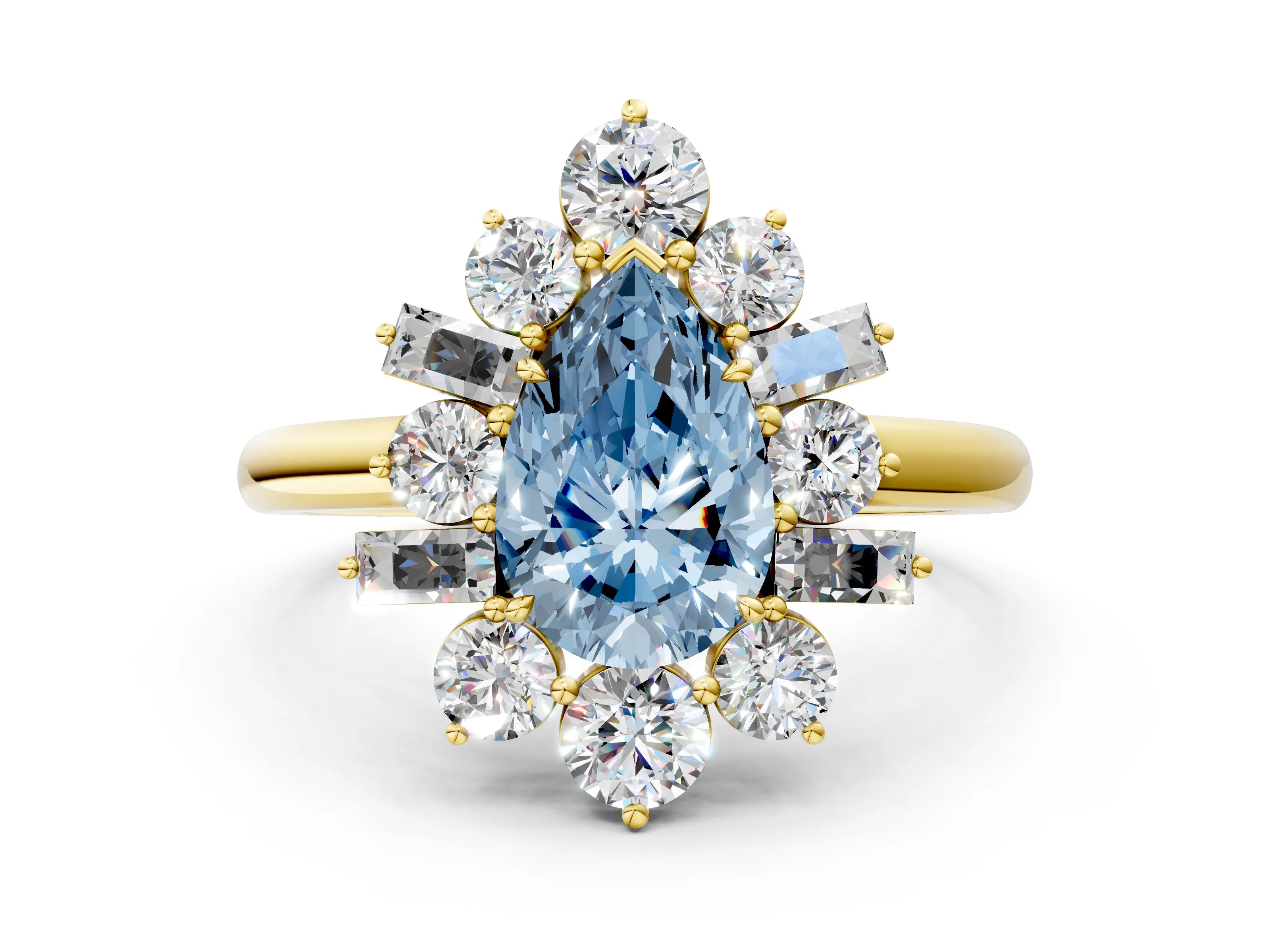 Yellow gold Fancy Blue Pear Cut Diamond Cluster Ring with Round and Baguette Stones, Split Shank Band, Prong Setting