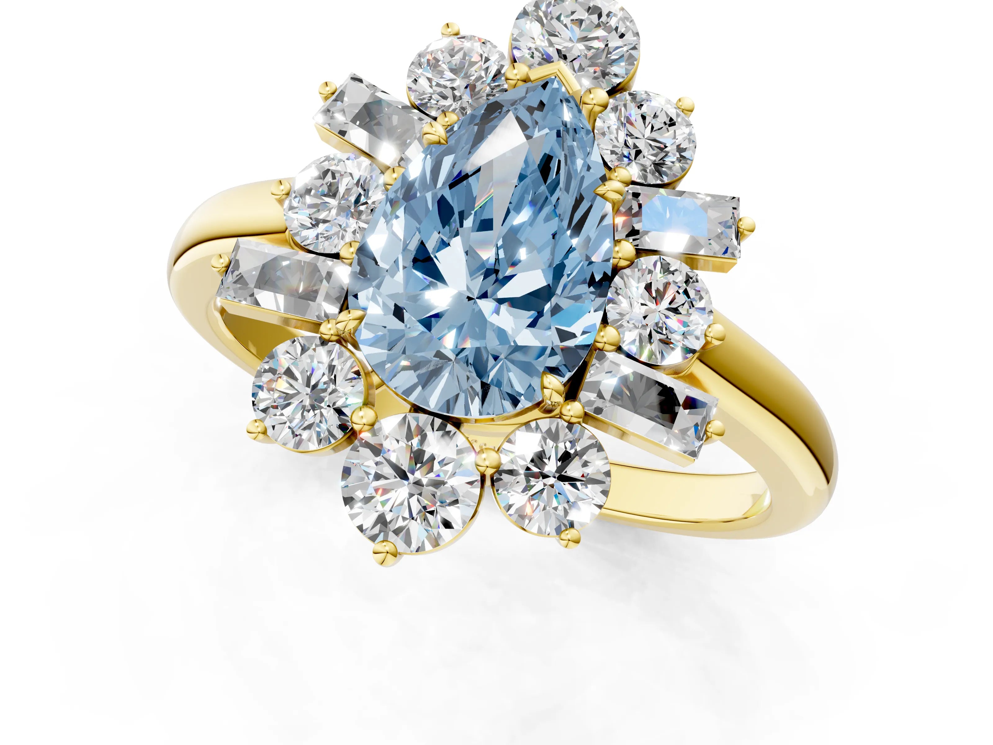 Yellow gold Fancy Blue Pear Cut Diamond Cluster Ring with Round and Baguette Stones, Split Shank Band, Prong Setting_1