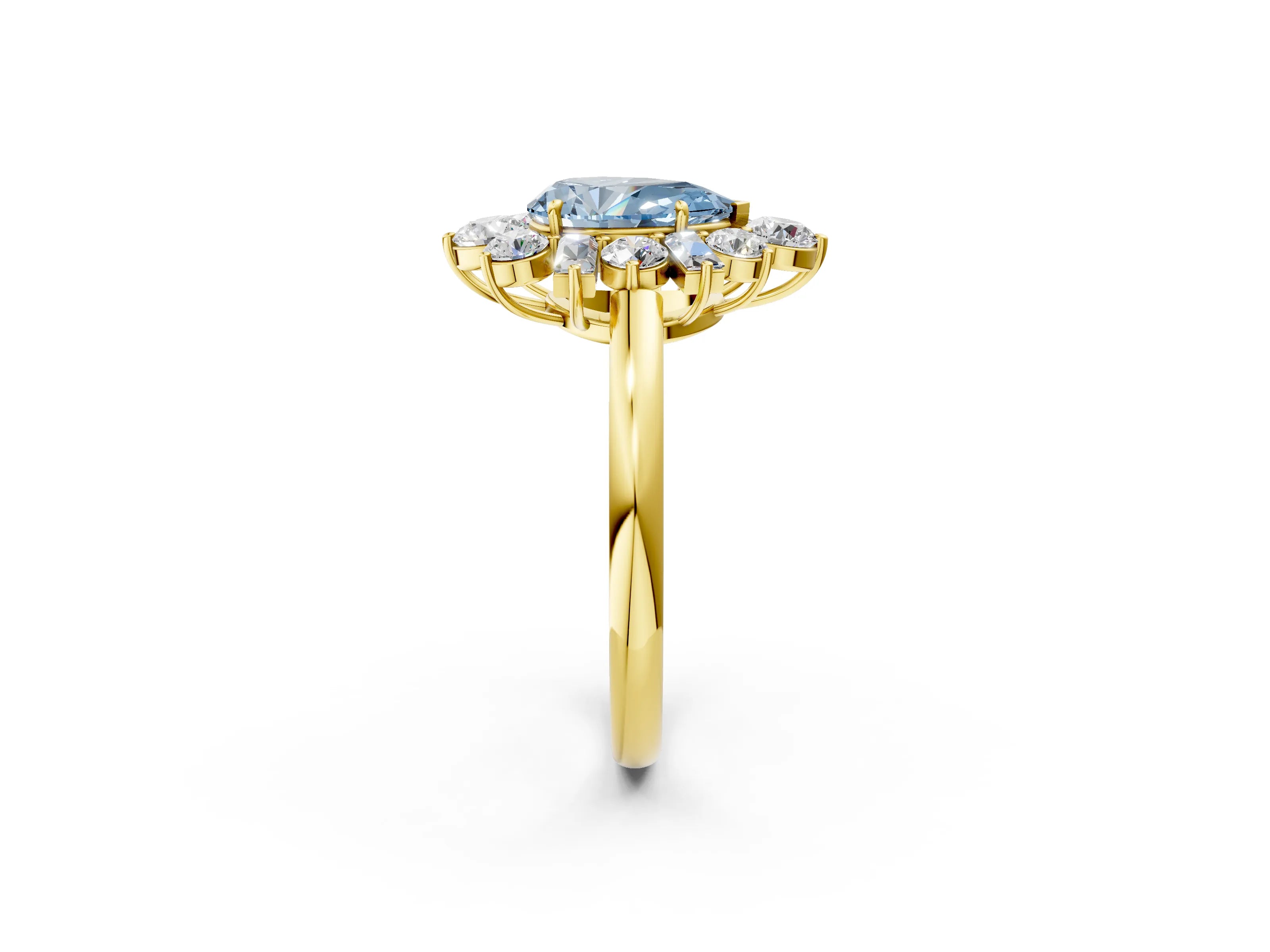 Yellow gold Fancy Blue Pear Cut Diamond Cluster Ring with Round and Baguette Stones, Split Shank Band, Prong Setting_2
