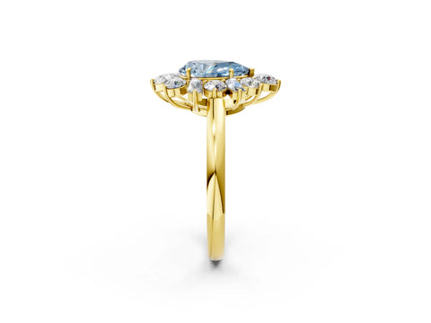 Yellow gold Fancy Blue Pear Cut Diamond Cluster Ring with Round and Baguette Stones, Split Shank Band, Prong Setting_2