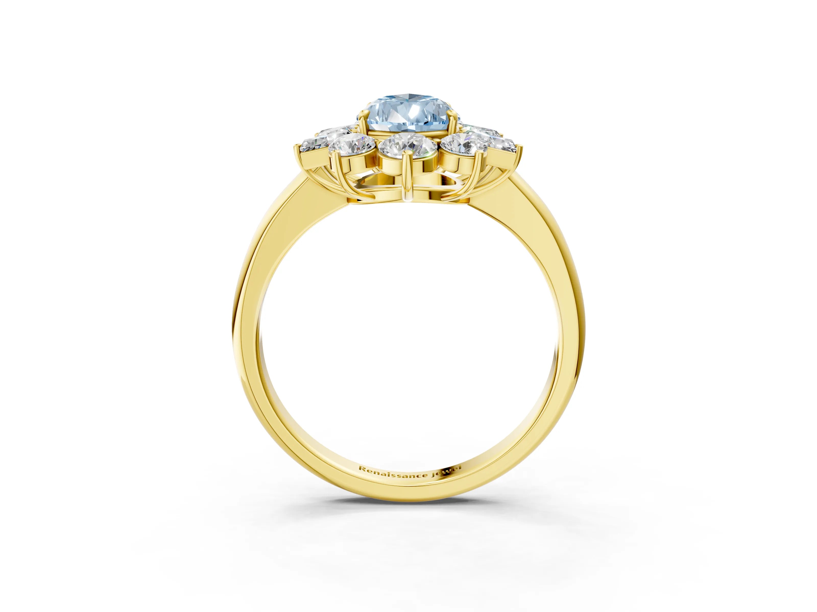 Yellow gold Fancy Blue Pear Cut Diamond Cluster Ring with Round and Baguette Stones, Split Shank Band, Prong Setting_3