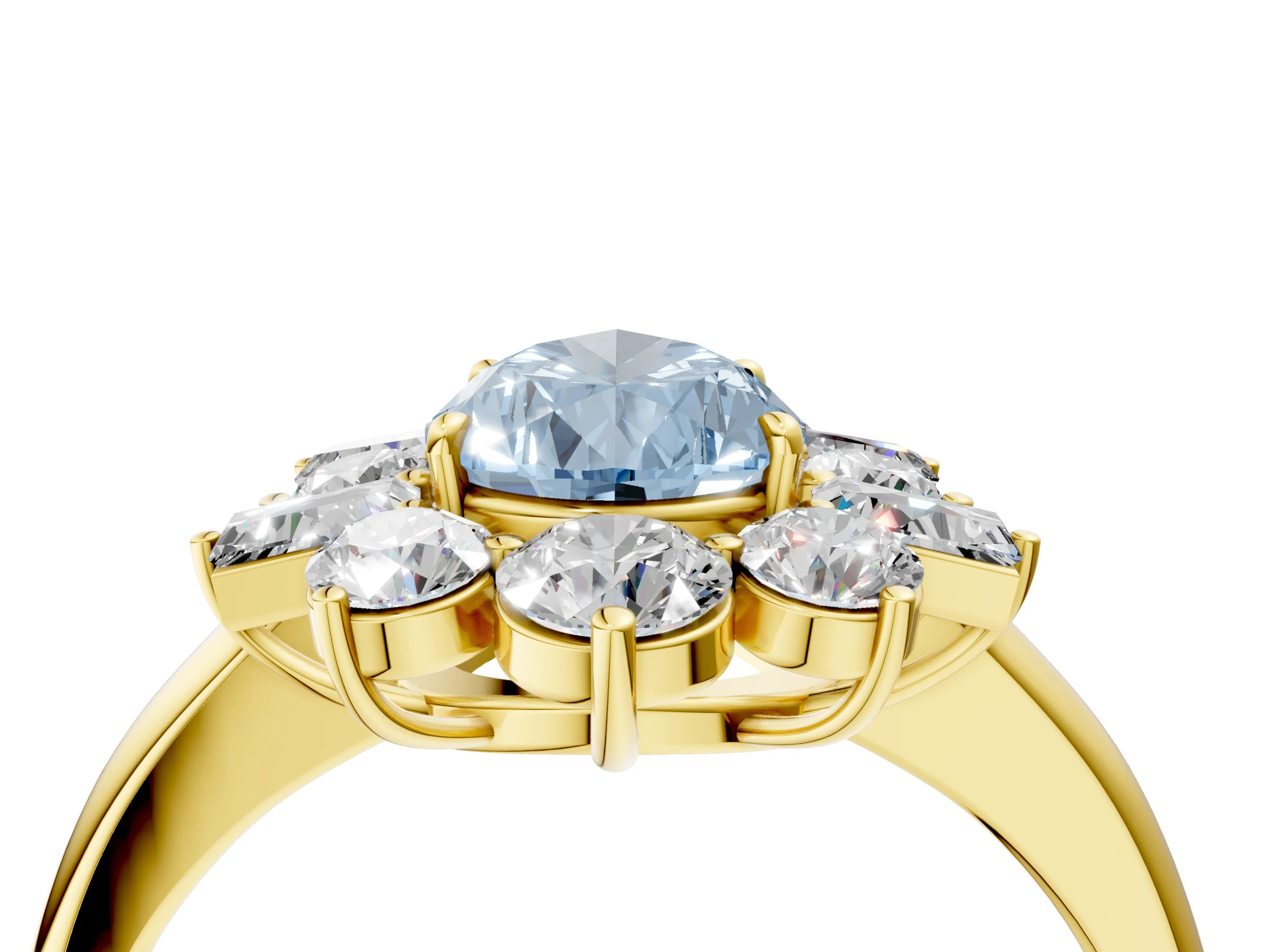 Yellow gold Fancy Blue Pear Cut Diamond Cluster Ring with Round and Baguette Stones, Split Shank Band, Prong Setting_4