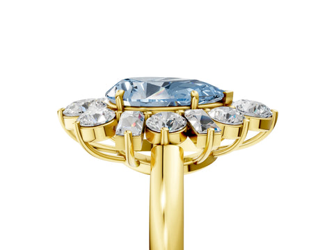 Yellow gold Fancy Blue Pear Cut Diamond Cluster Ring with Round and Baguette Stones, Split Shank Band, Prong Setting_5