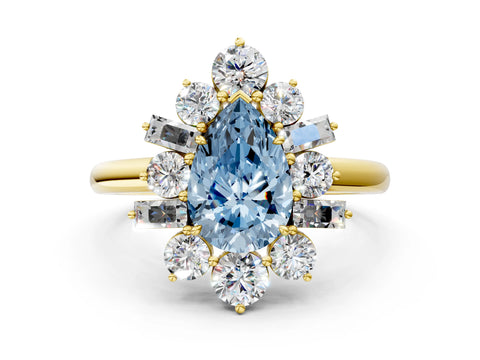 Yellow gold Fancy Blue Pear Cut Diamond Cluster Ring with Round and Baguette Stones, Split Shank Band, Prong Setting