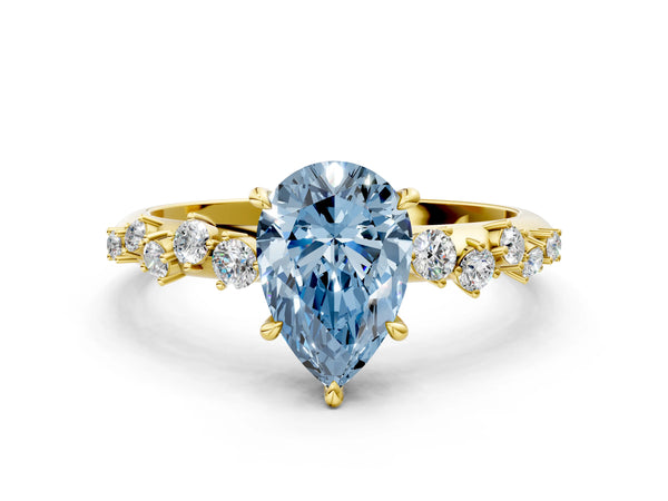 Yellow Gold Pear-Shaped Graduated Cluster Engagement Ring Setting for Fancy Blue Center