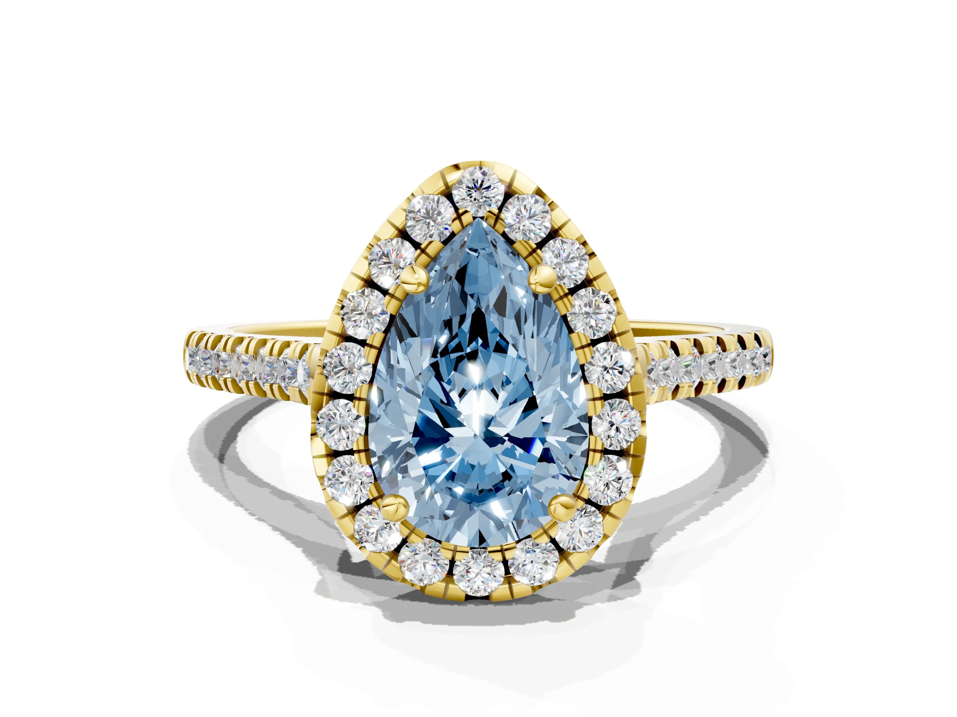 Yellow gold Fancy Blue Pear Cut Diamond Cushion Halo Ring with Pavé Band