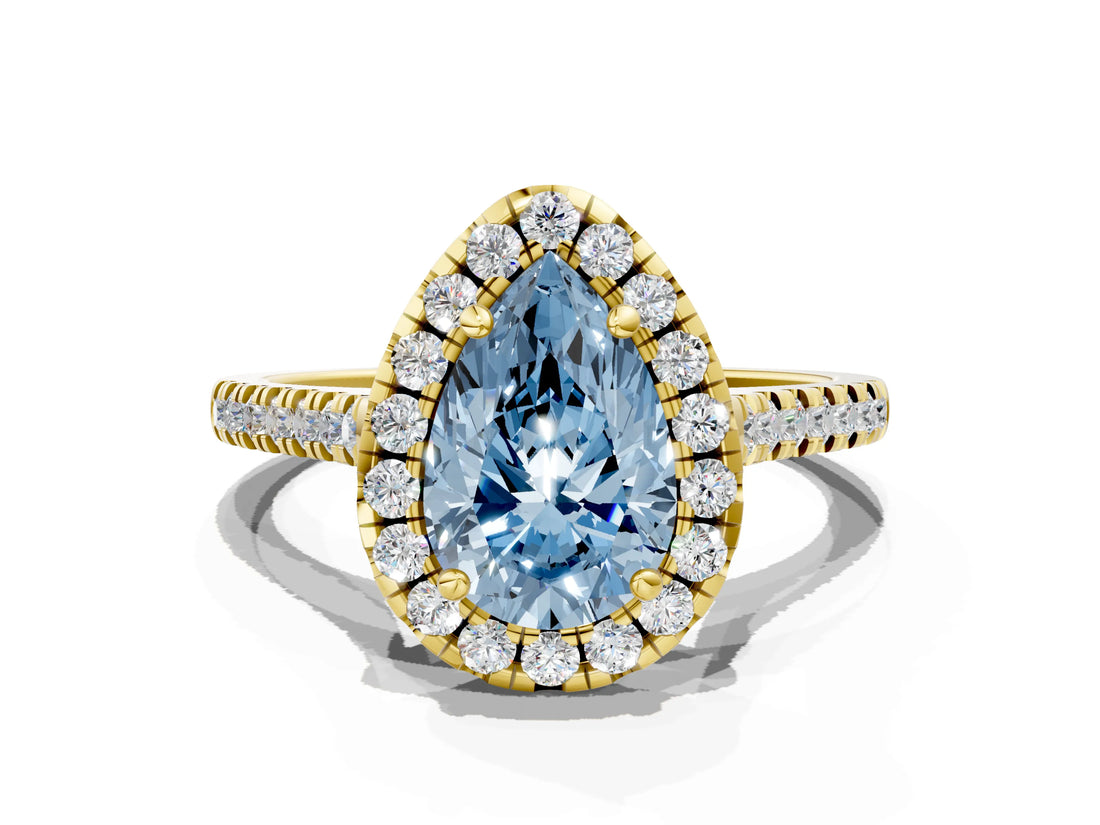 Yellow gold Fancy Blue Pear Cut Diamond Cushion Halo Ring with Pavé Band