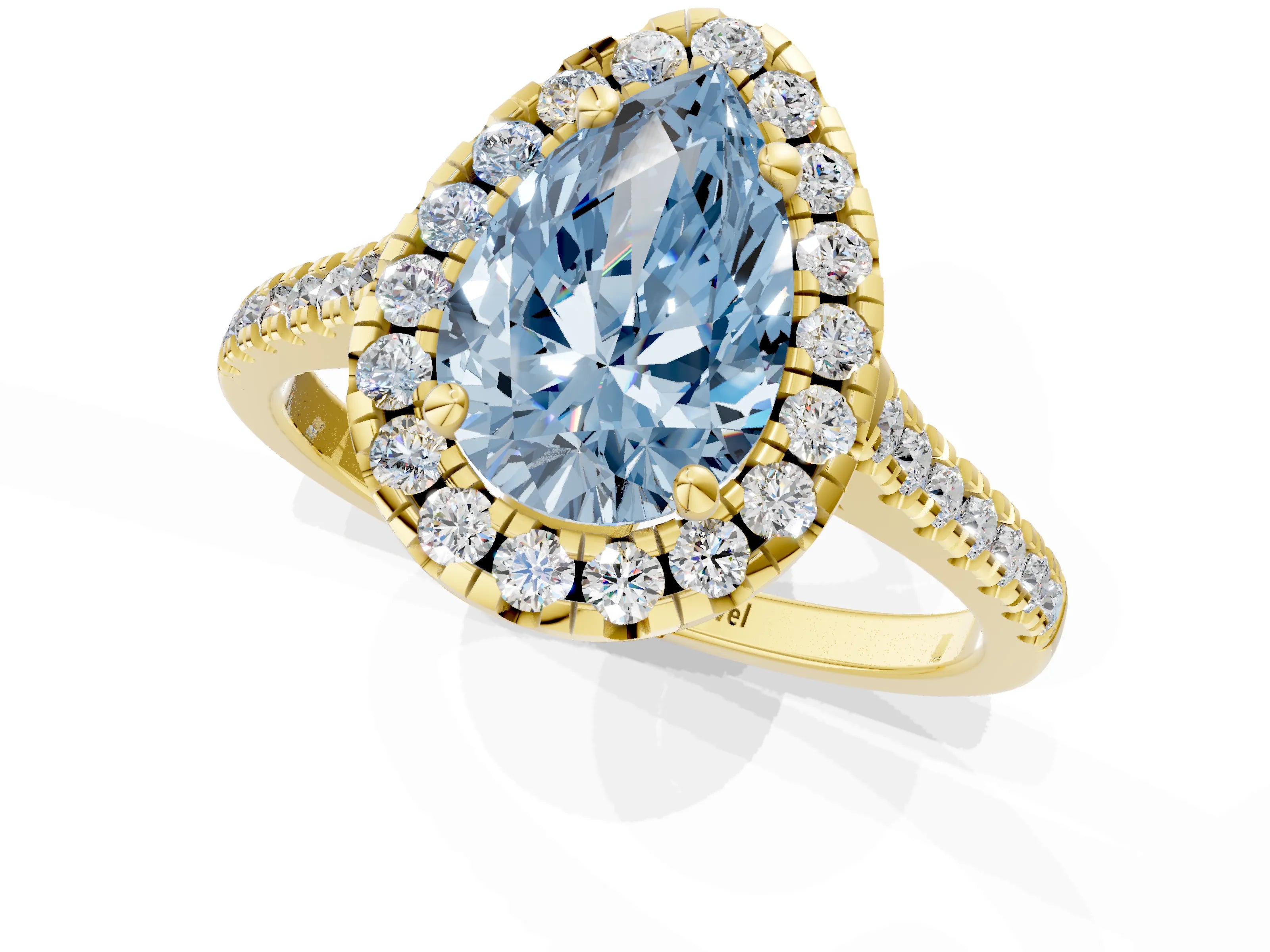 Yellow gold Fancy Blue Pear Cut Diamond Cushion Halo Ring with Pavé Band_1