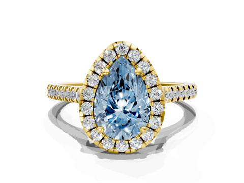 Yellow gold Fancy Blue Pear Cut Diamond Cushion Halo Ring with Pavé Band