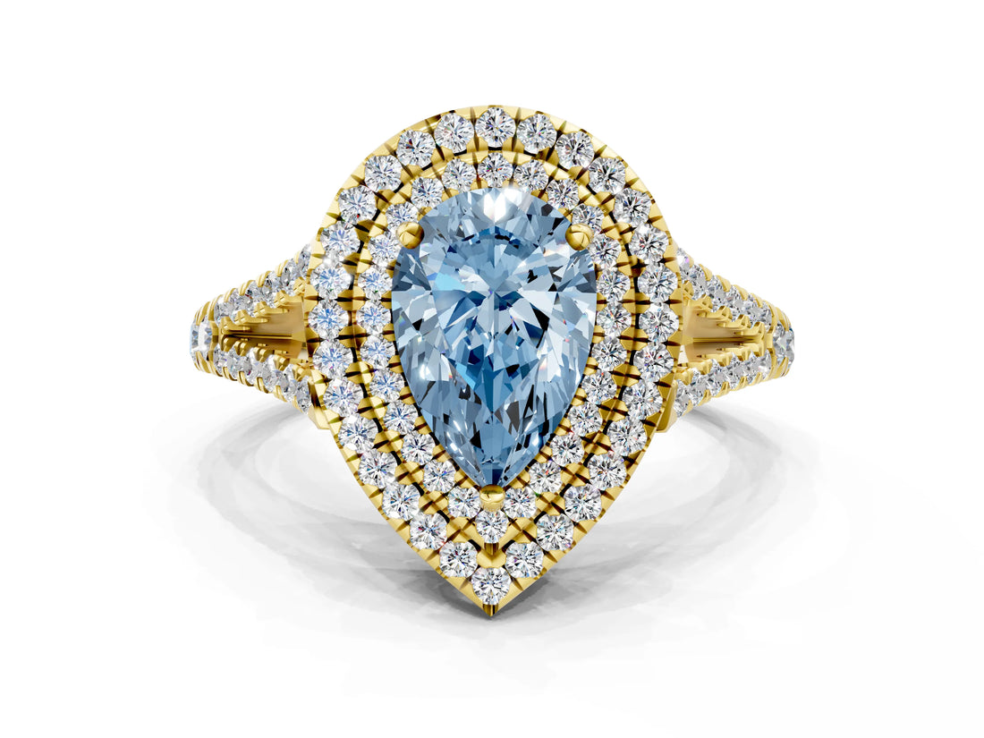Yellow gold Fancy Blue Pear Cut Diamond Double Halo Ring with Pavé Band and Prong Setting_70