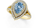 Yellow gold Fancy Blue Pear Cut Diamond Double Halo Ring with Pavé Band and Prong Setting_71