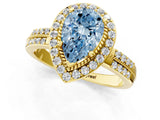 Yellow gold Fancy Blue Pear Cut Diamond Double Halo Ring with Split Shank and Four-Prong Setting_1