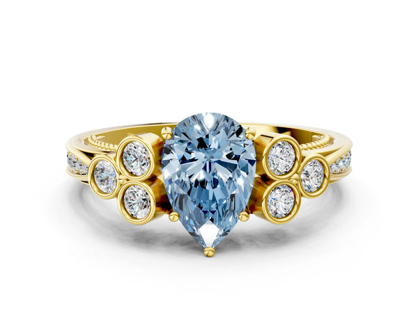 Yellow gold Fancy Blue Pear  Cut Diamond Engagement Ring with Bezel Set Round Side Stones and Prong Setting
