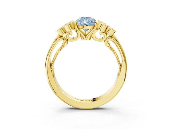 Yellow gold Fancy Blue Pear  Cut Diamond Engagement Ring with Bezel Set Round Side Stones and Prong Setting