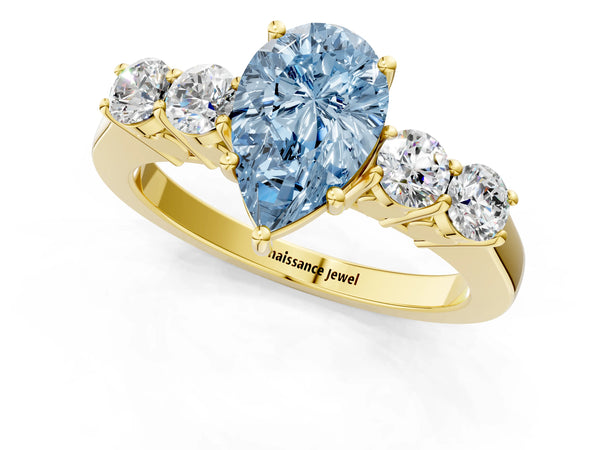 Yellow gold Fancy Blue Pear  Cut Diamond Five-Stone Prong Set White Gold Ring