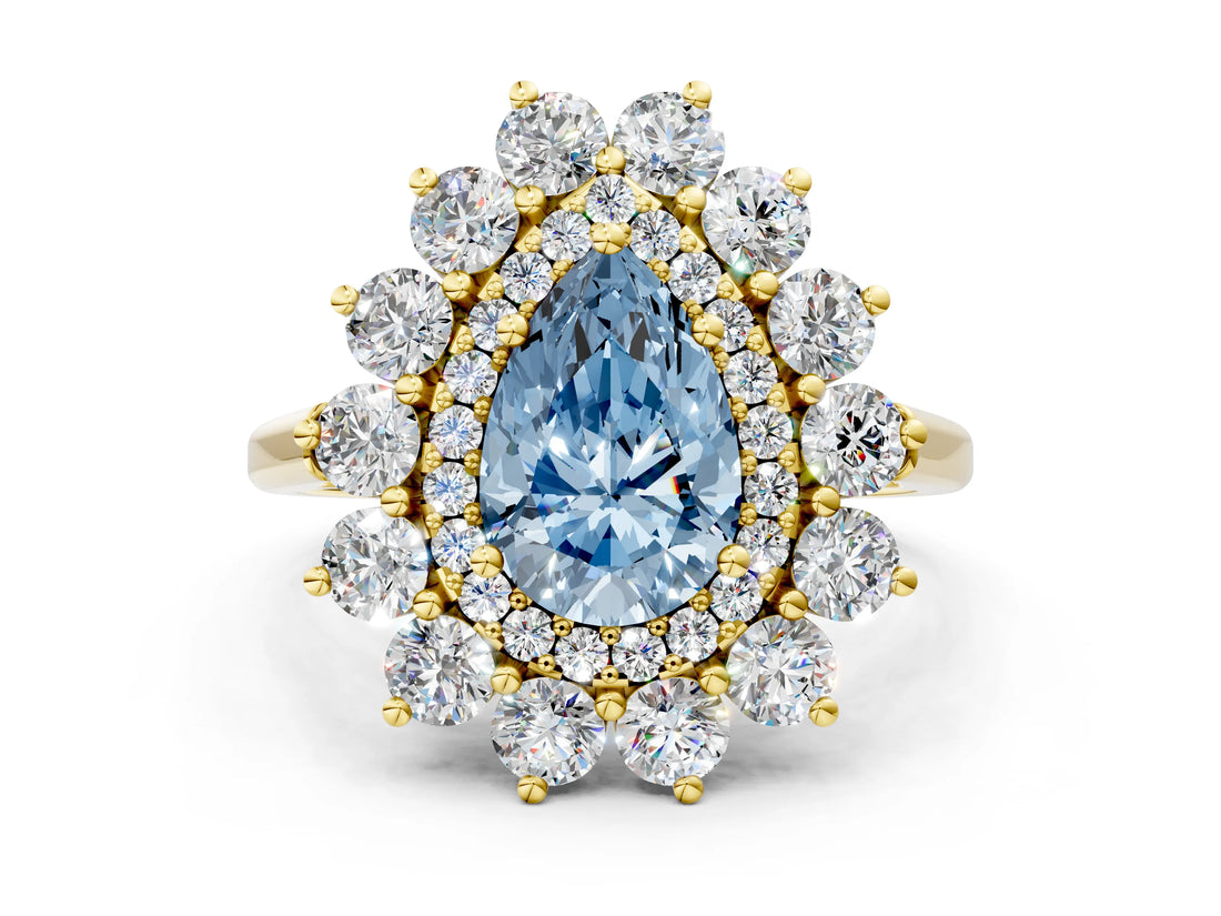 Yellow gold Fancy Blue Pear Cut Diamond Floral Double Halo Engagement Ring with Prong Setting_60
