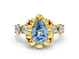 Yellow gold Fancy Blue Pear  Cut Diamond Floral Halo Engagement Ring with Shared Prong Setting 1