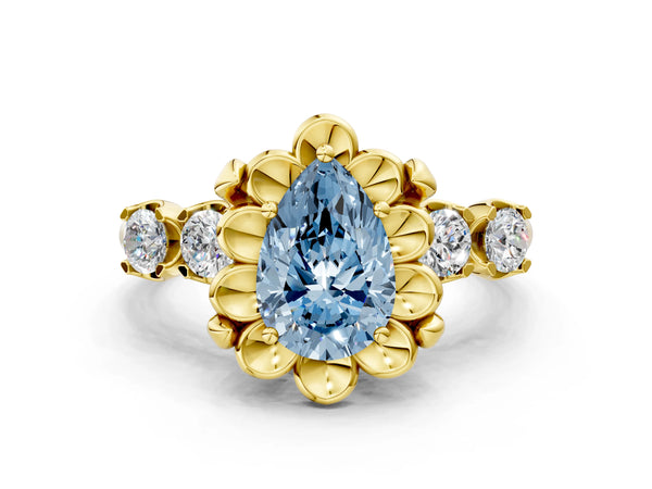 Yellow gold Fancy Blue Pear  Cut Diamond Floral Halo Engagement Ring with Shared Prong Setting