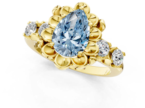 Yellow gold Fancy Blue Pear  Cut Diamond Floral Halo Engagement Ring with Shared Prong Setting