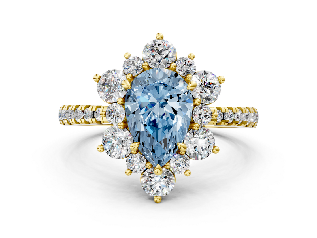 Yellow gold Fancy Blue Pear  Cut Diamond Floral Halo Pave Band with Prong Setting_36