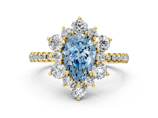 Yellow gold Fancy Blue Pear  Cut Diamond Floral Halo Pave Band with Prong Setting