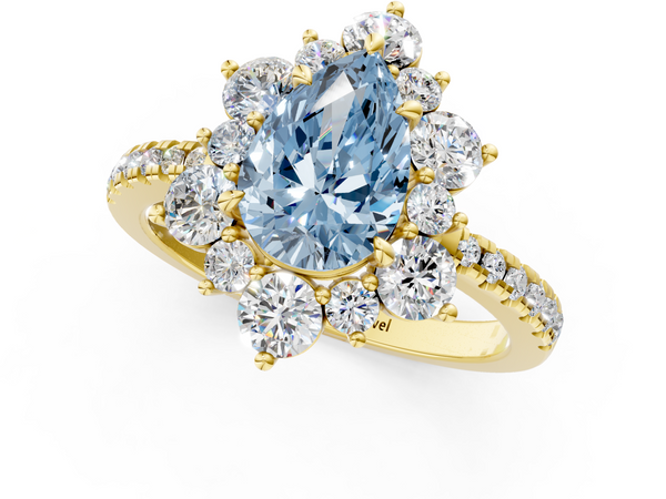 Yellow gold Fancy Blue Pear  Cut Diamond Floral Halo Pave Band with Prong Setting